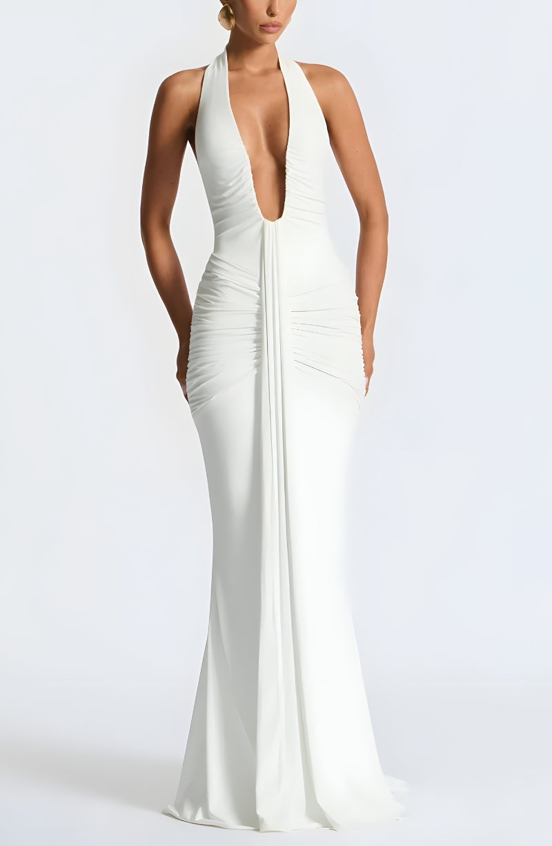 Halter Deep Plunge Ruched Draped Panel Bodycon Maxi Gown