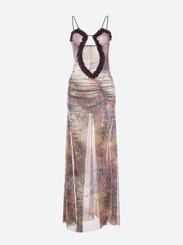 Abstract Collage Print Mesh Plunge Cutout Spaghetti Strap High Slit Maxi Dress