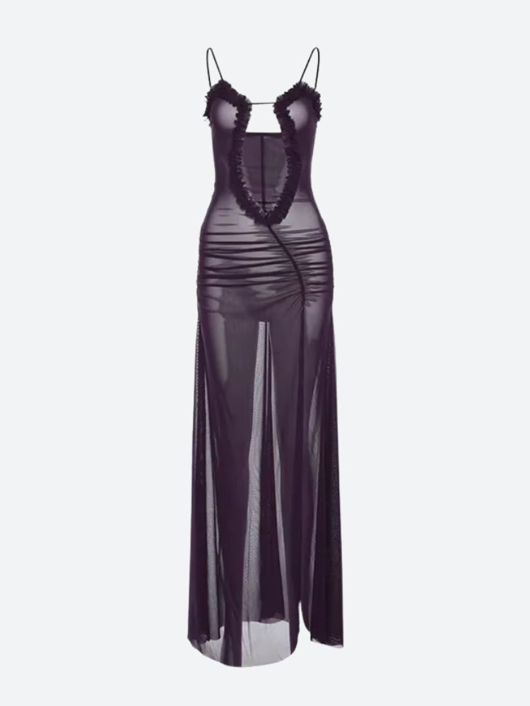 Abstract Collage Print Mesh Plunge Cutout Spaghetti Strap High Slit Maxi Dress