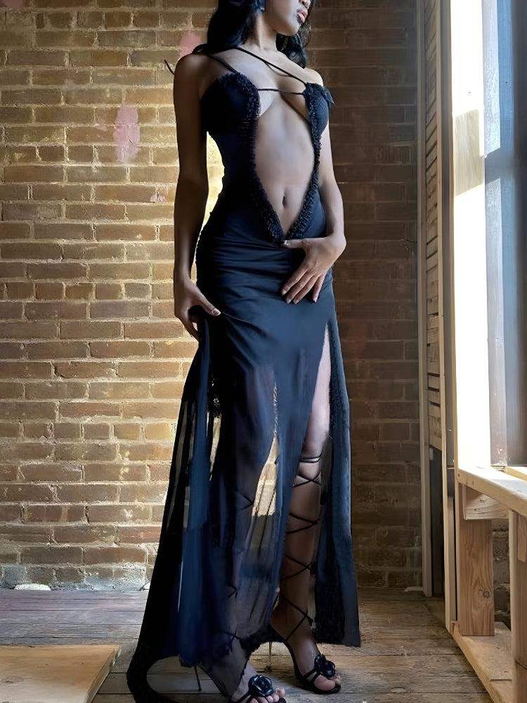 Abstract Collage Print Mesh Plunge Cutout Spaghetti Strap High Slit Maxi Dress