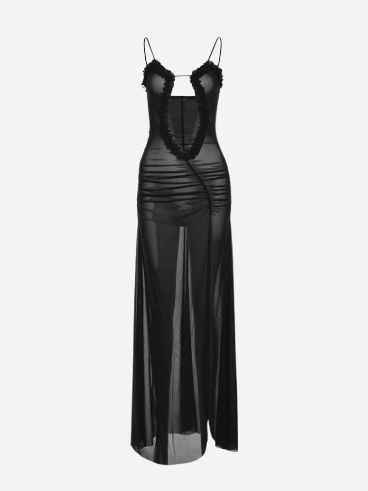 Abstract Collage Print Mesh Plunge Cutout Spaghetti Strap High Slit Maxi Dress