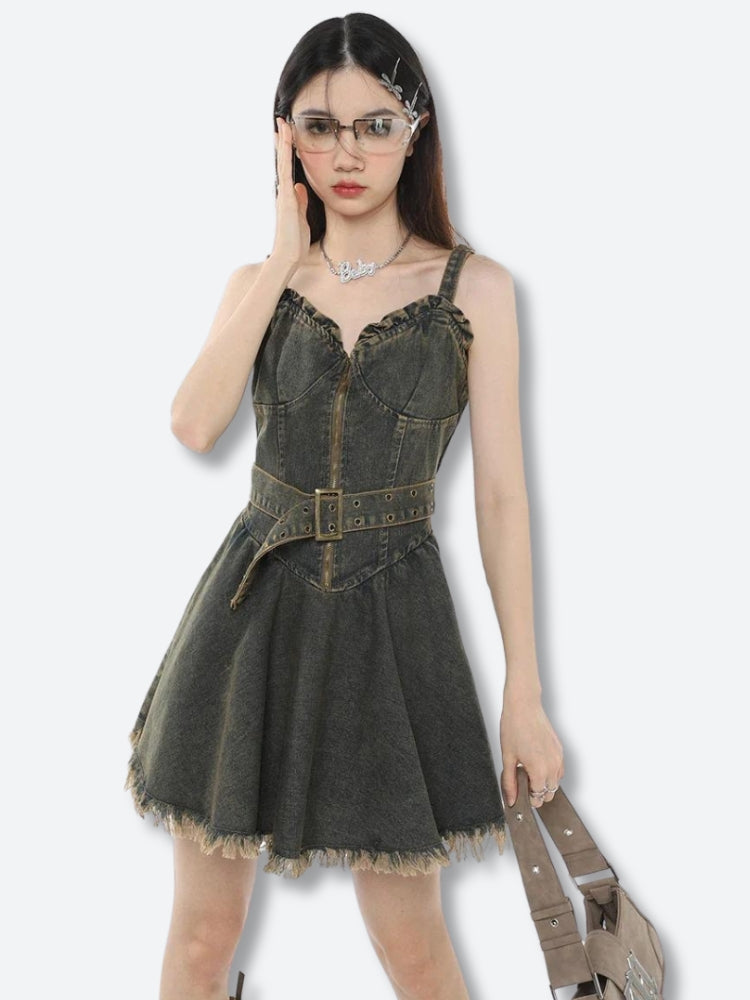 Zip Front Belted Corset Ruffle Neck Frayed Hem Denim Mini Dress