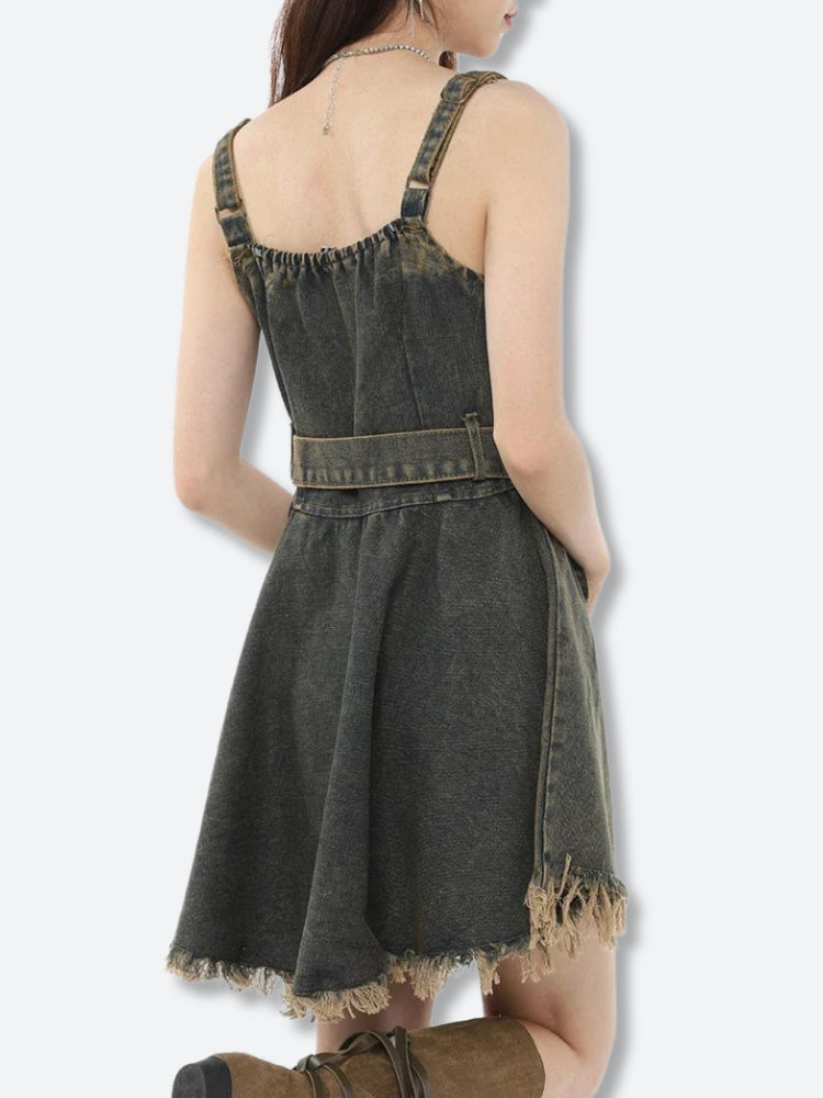 Zip Front Belted Corset Ruffle Neck Frayed Hem Denim Mini Dress