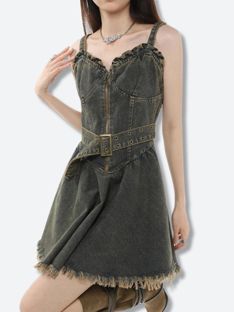 Zip Front Belted Corset Ruffle Neck Frayed Hem Denim Mini Dress