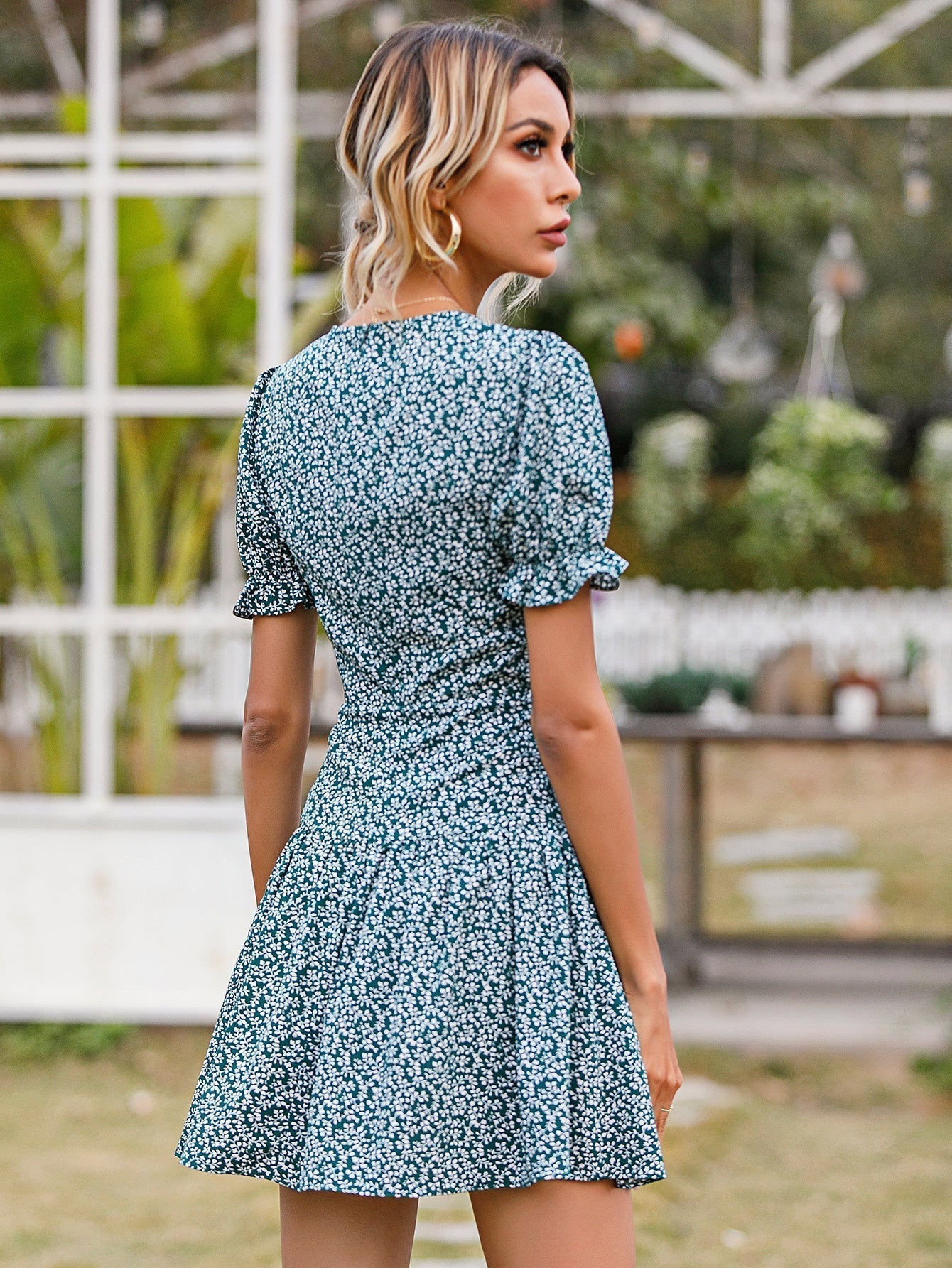 Ditsy Floral Puff Sleeve Deep V-Neck Fit and Flare Mini Dress