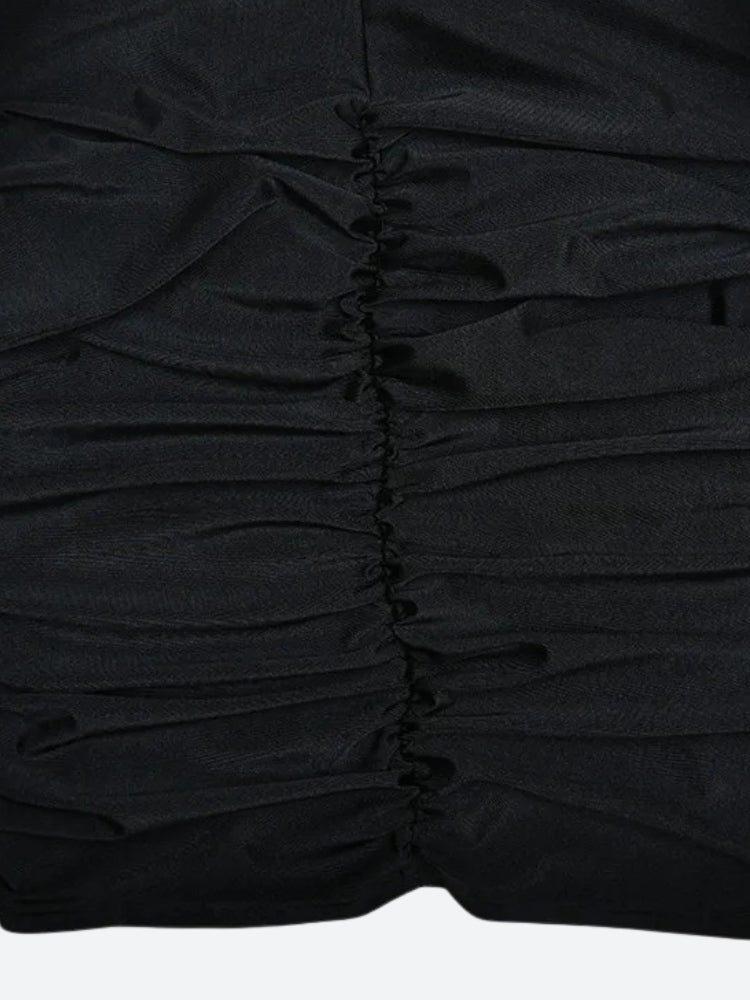 Mock Neck Side-Ruched Drape Sash Asymmetrical Hem Bodycon Mini Dress