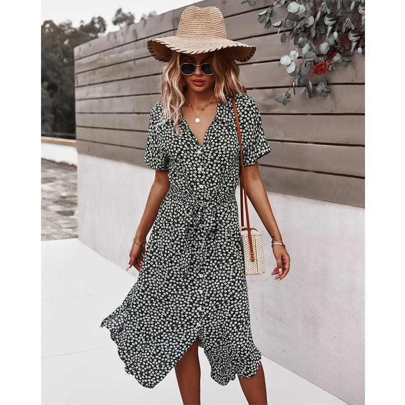 Ditsy Floral Print V-Neck Short Sleeve Belted Shirt Midi Dress