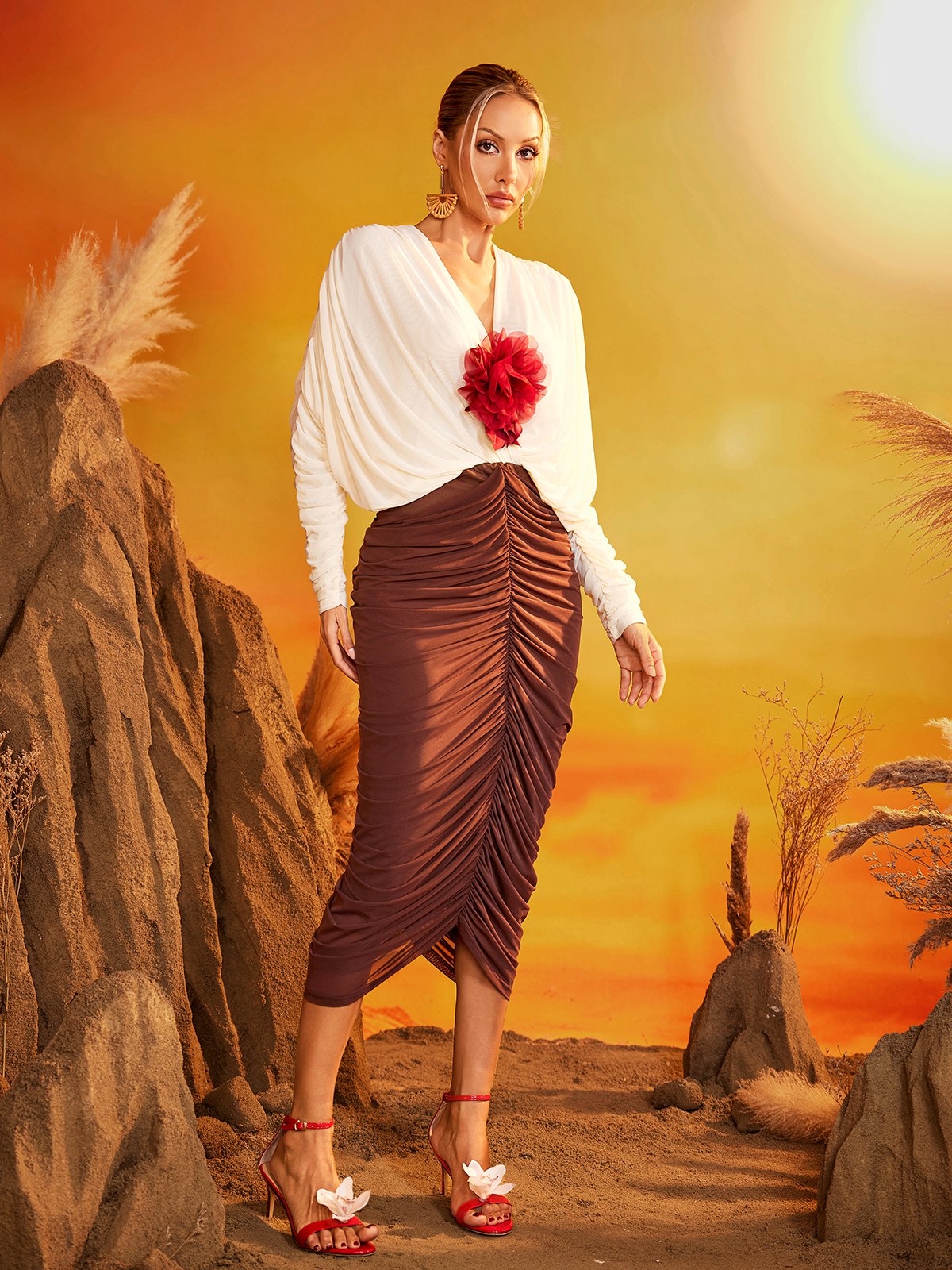 Ruched Floral Applique Deep V-Neck Bishop Sleeve Blouse Ruched Midi Skirt Set
