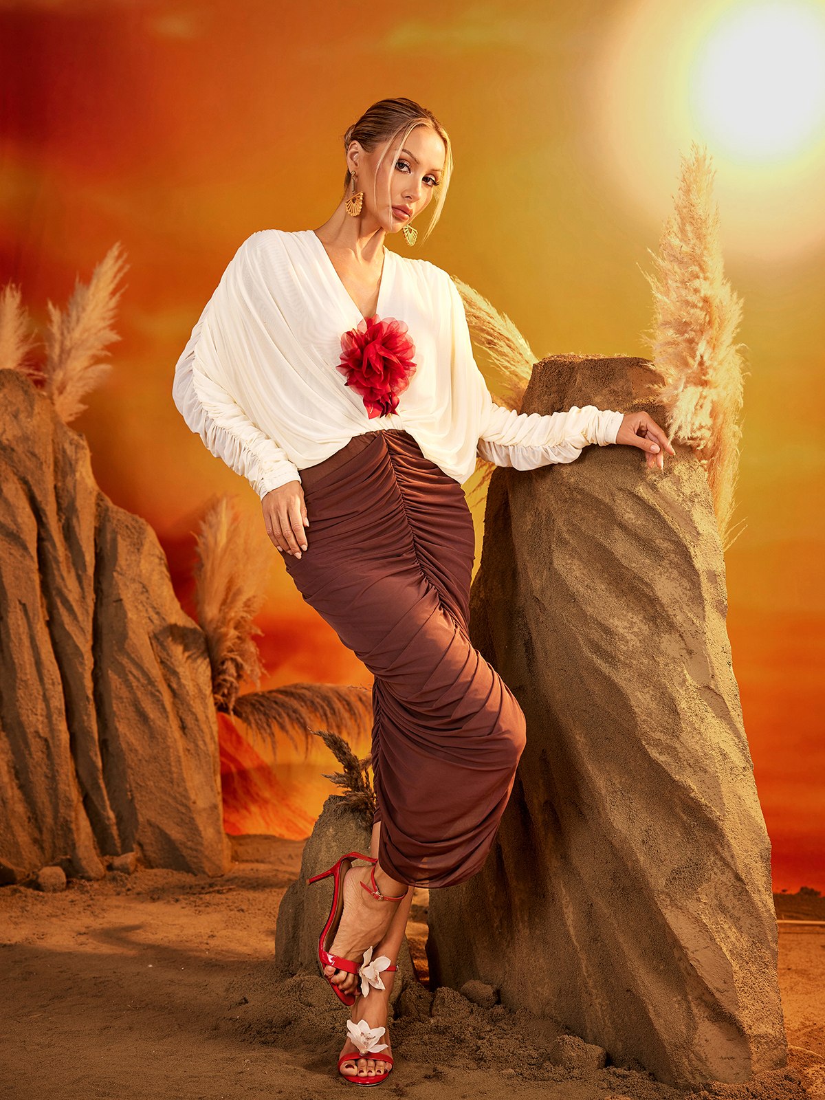 Ruched Floral Applique Deep V-Neck Bishop Sleeve Blouse Ruched Midi Skirt Set