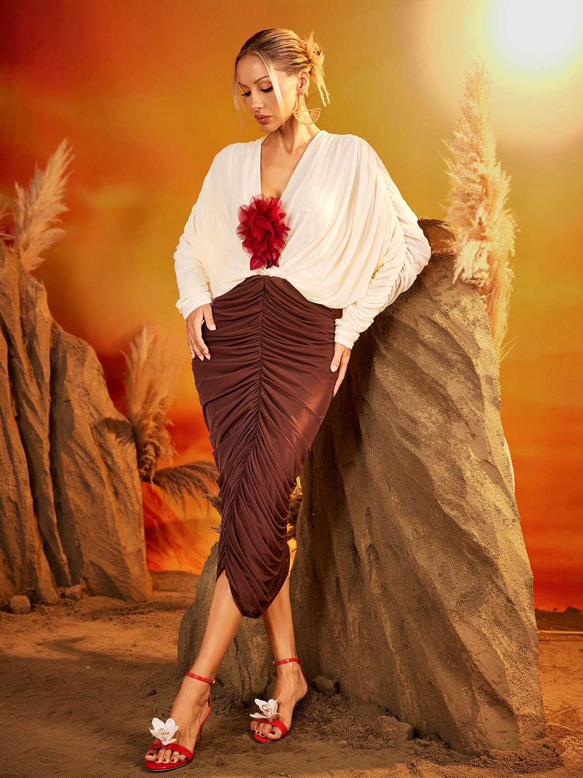 Ruched Floral Applique Deep V-Neck Bishop Sleeve Blouse Ruched Midi Skirt Set