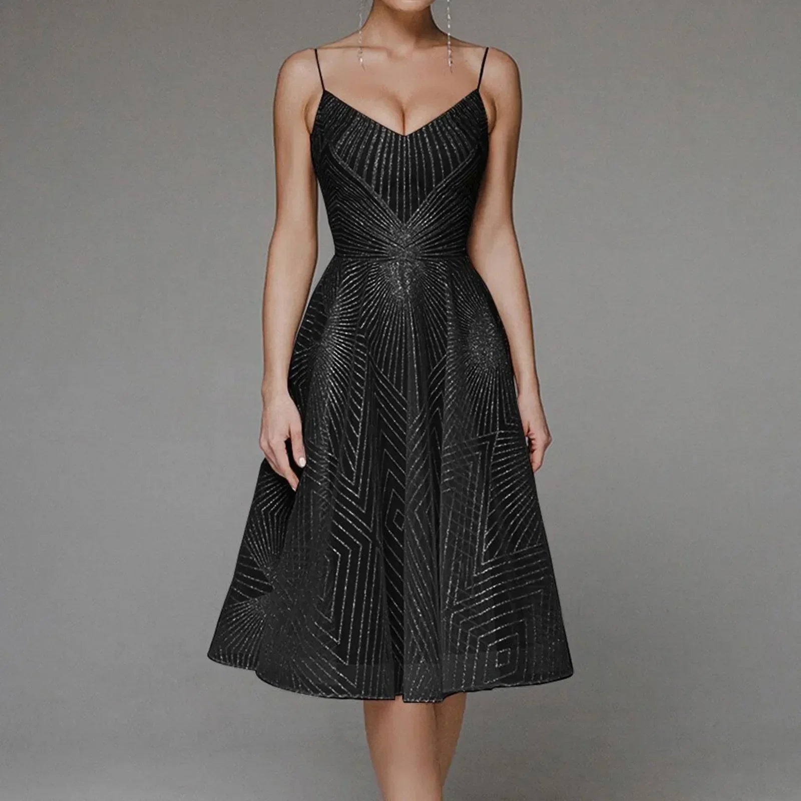 Sweetheart Spaghetti Strap Geometric Sequin Embellished Fit and Flare Midi Dress