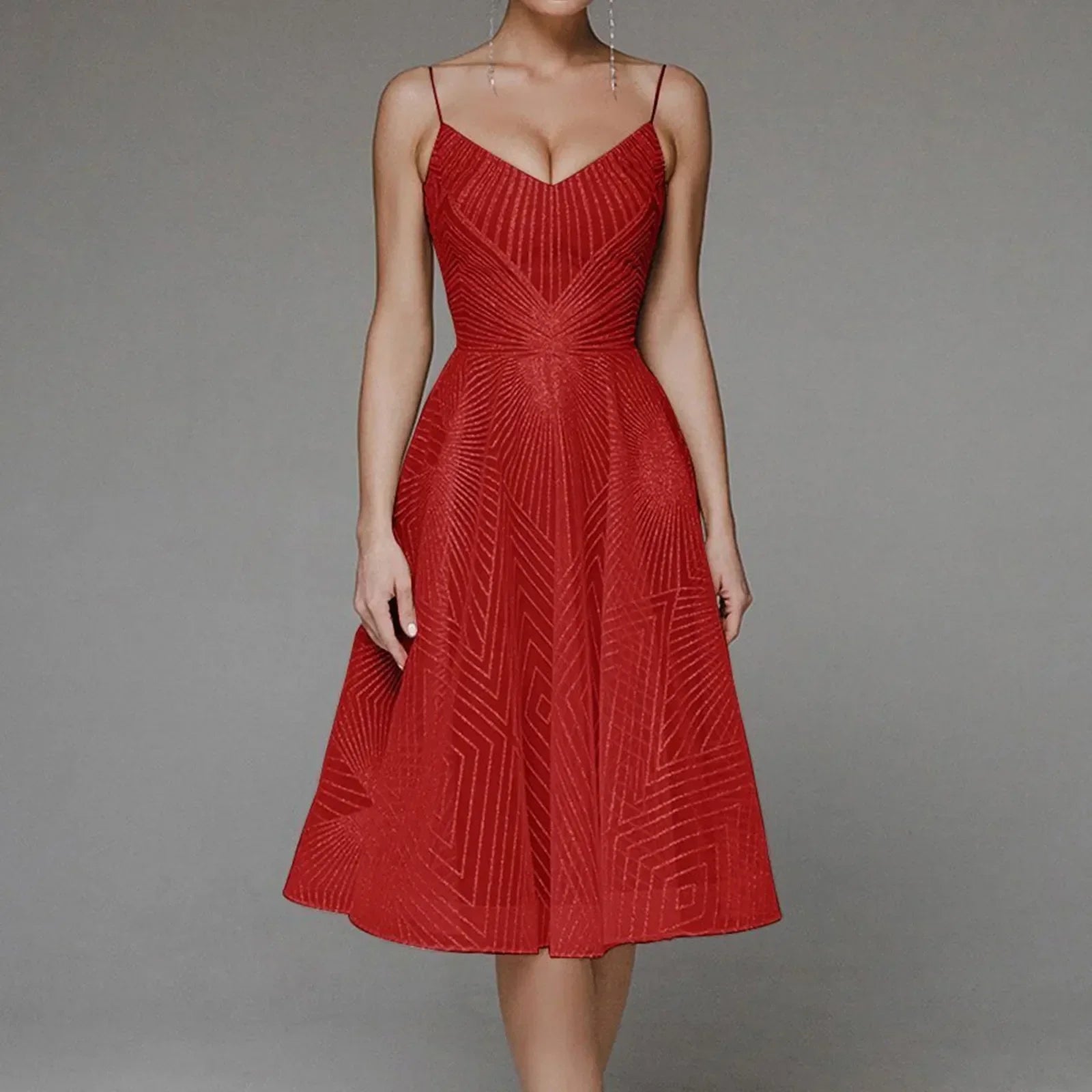 Sweetheart Spaghetti Strap Geometric Sequin Embellished Fit and Flare Midi Dress