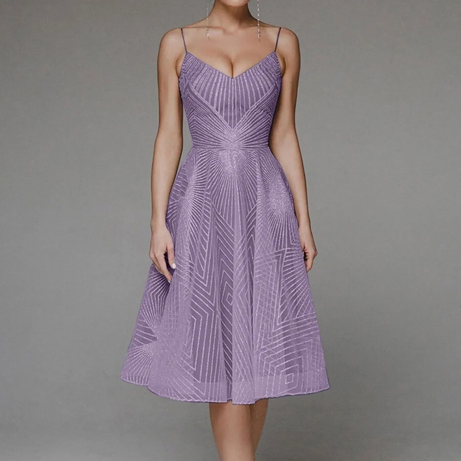 Sweetheart Spaghetti Strap Geometric Sequin Embellished Fit and Flare Midi Dress
