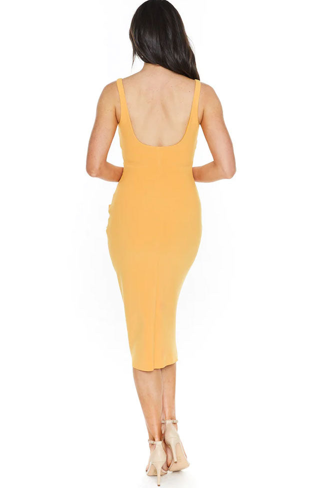 Square Neck Ruched Trim Sleeveless Bodycon Midi Dress