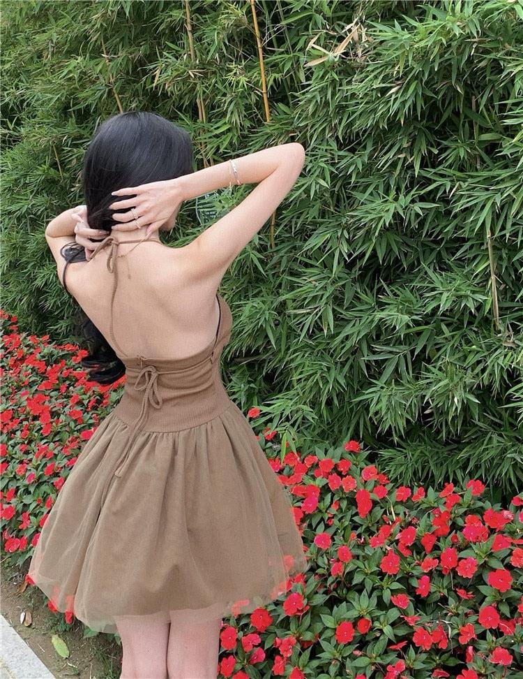 Halter Lace Up Corset Waist Tulle Puff Skirt Mini Dress