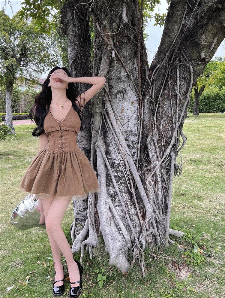 Halter Lace Up Corset Waist Tulle Puff Skirt Mini Dress