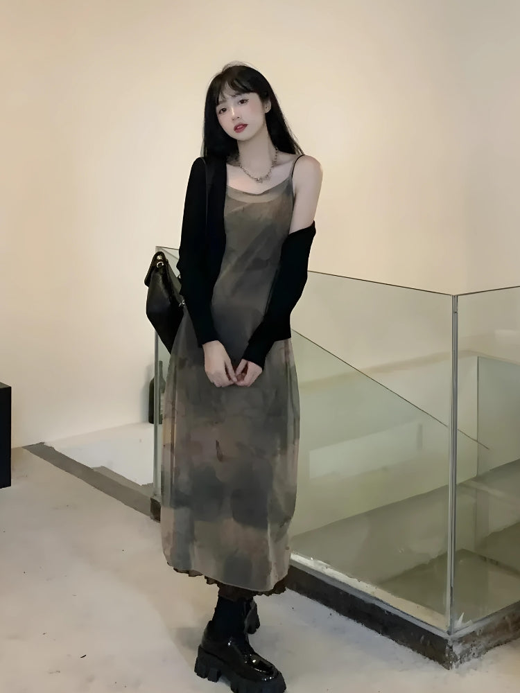 Spaghetti Strap Sheer Mesh Overlay Abstract Print Layered Midi Dress
