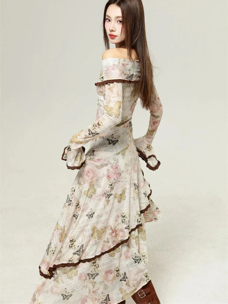 Butterfly Floral Script Print Off Shoulder Twist Front Handkerchief Hem Midi Dress