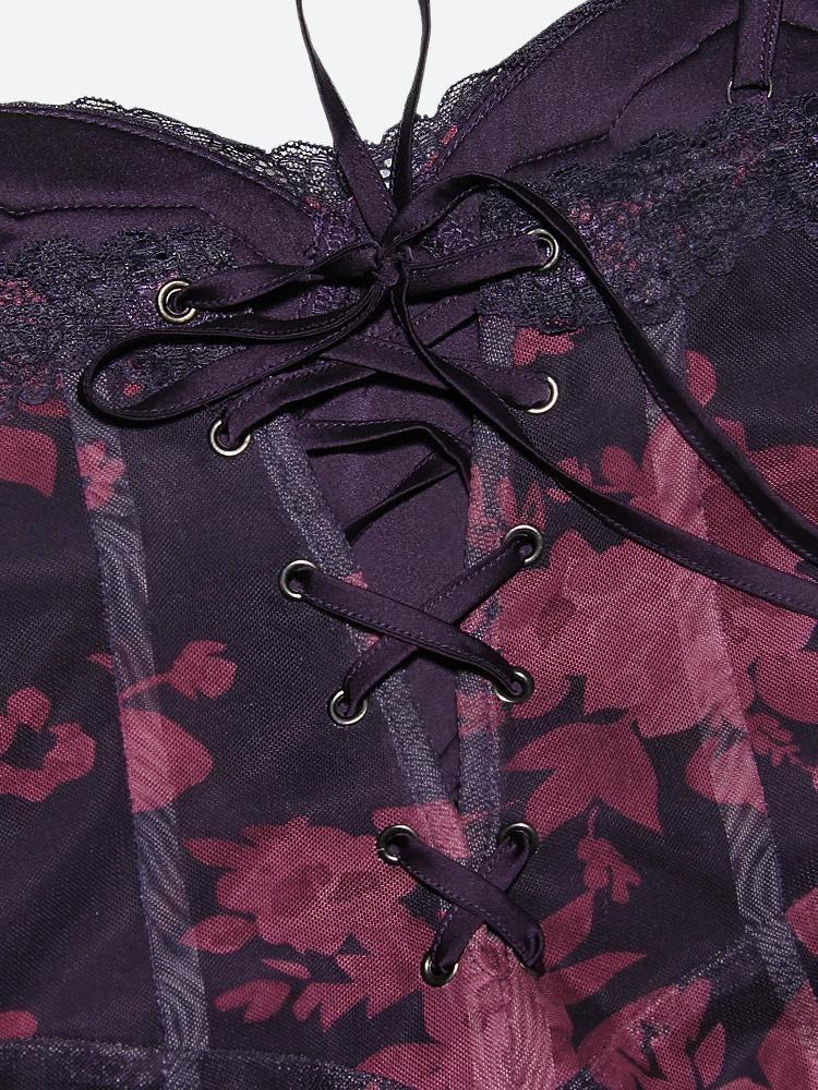Floral Print Lace Trim Sweetheart Spaghetti Strap Mesh Hem Maxi Dress