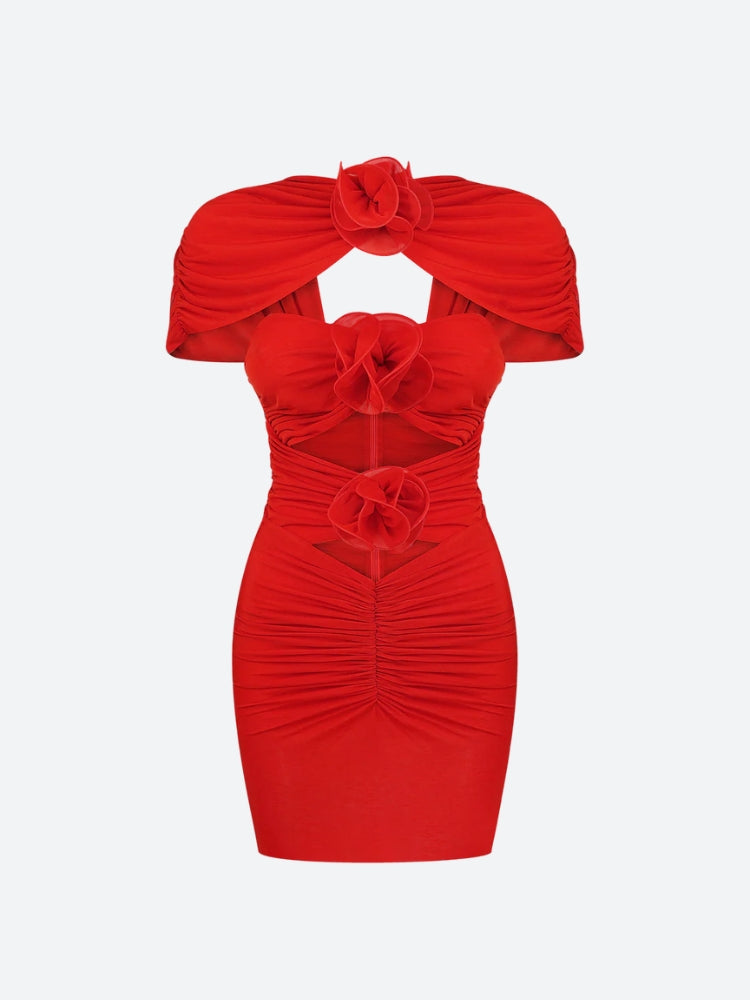 Ruched Draped High Neck Rosette Cutout Cap Sleeve Mini Dress