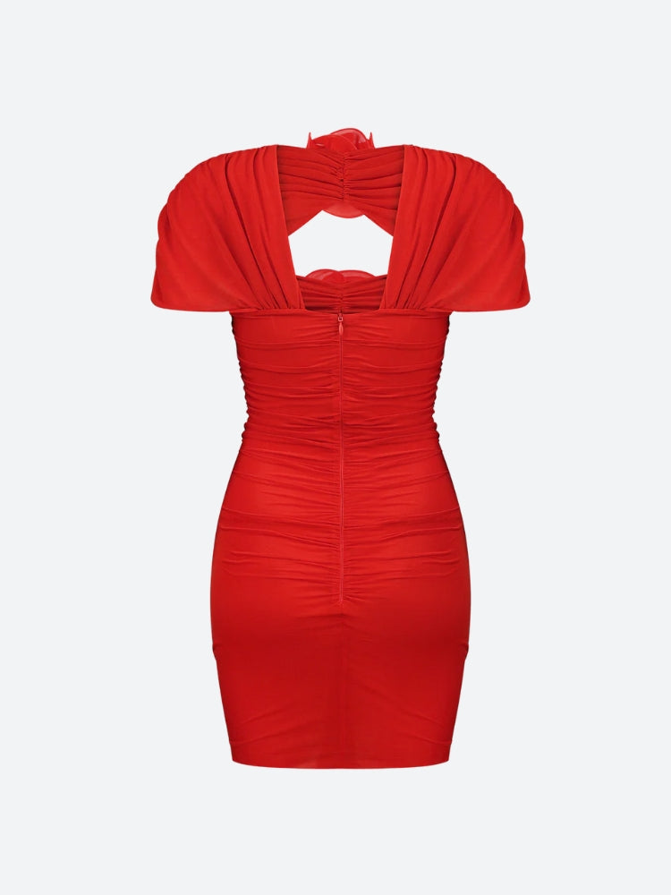 Ruched Draped High Neck Rosette Cutout Cap Sleeve Mini Dress