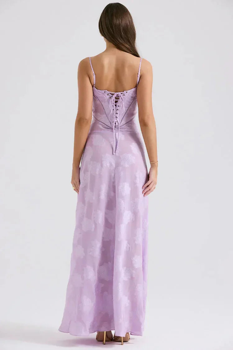 Floral Jacquard Spaghetti Strap Corset Panel Slip Maxi Dress