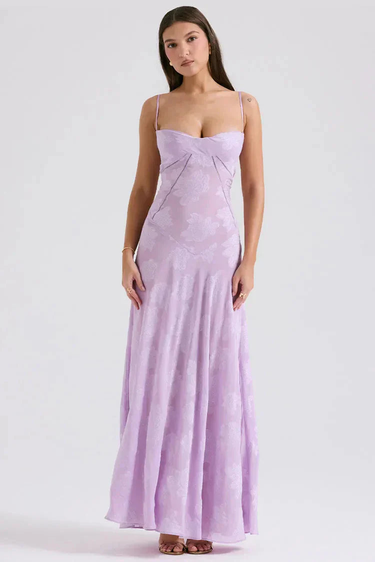 Floral Jacquard Spaghetti Strap Corset Panel Slip Maxi Dress