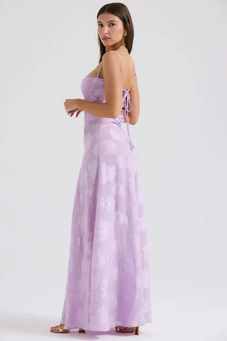 Floral Jacquard Spaghetti Strap Corset Panel Slip Maxi Dress