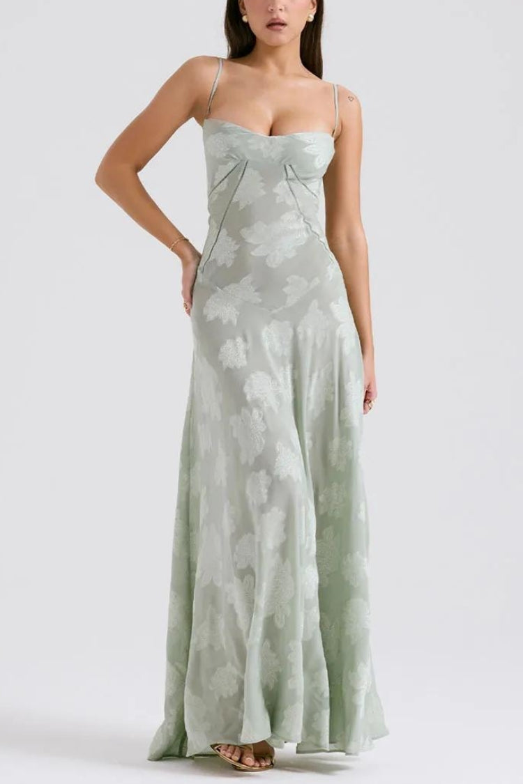 Floral Jacquard Spaghetti Strap Corset Panel Slip Maxi Dress