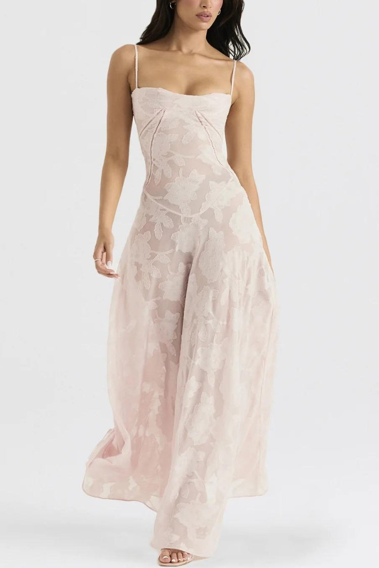 Floral Jacquard Spaghetti Strap Corset Panel Slip Maxi Dress