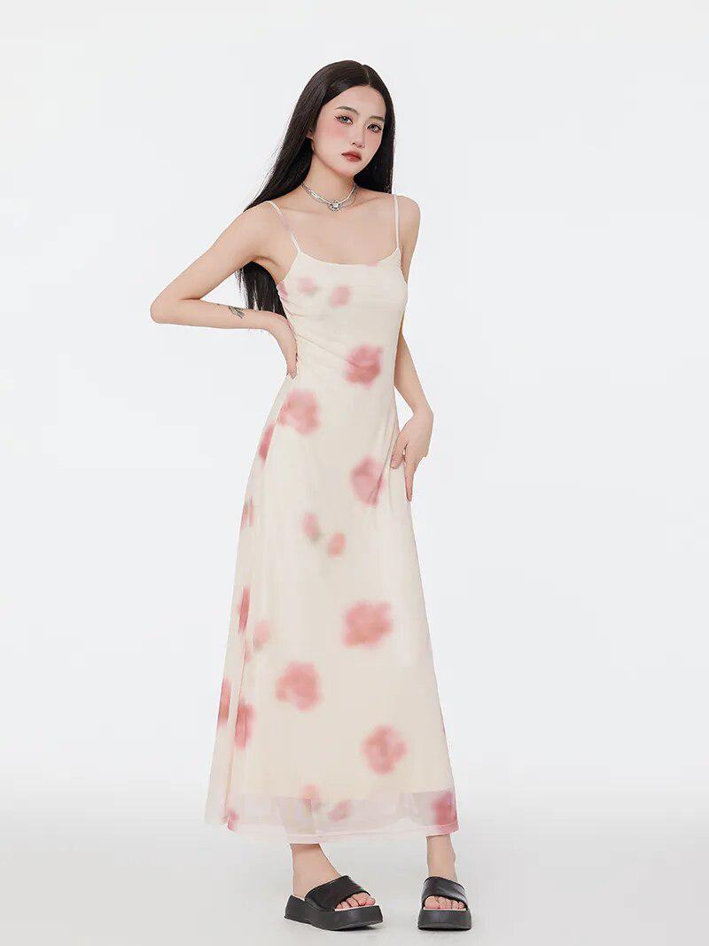 Scoop Neck Spaghetti Strap Watercolor Floral Mesh Overlay Column Maxi Dress