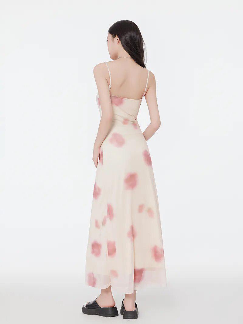 Scoop Neck Spaghetti Strap Watercolor Floral Mesh Overlay Column Maxi Dress