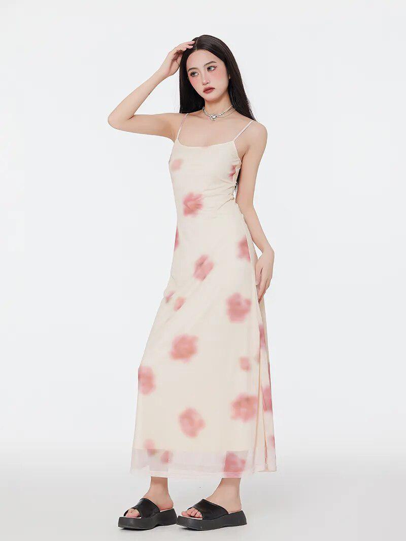 Scoop Neck Spaghetti Strap Watercolor Floral Mesh Overlay Column Maxi Dress
