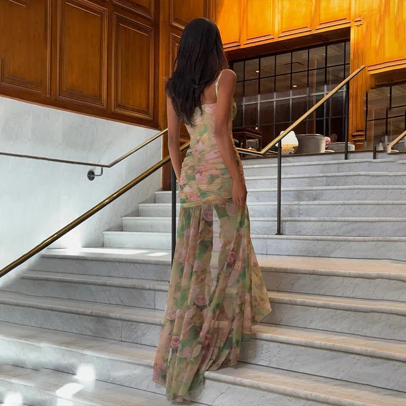 Floral Print Corset Halter Ruched High Slit Maxi Dress
