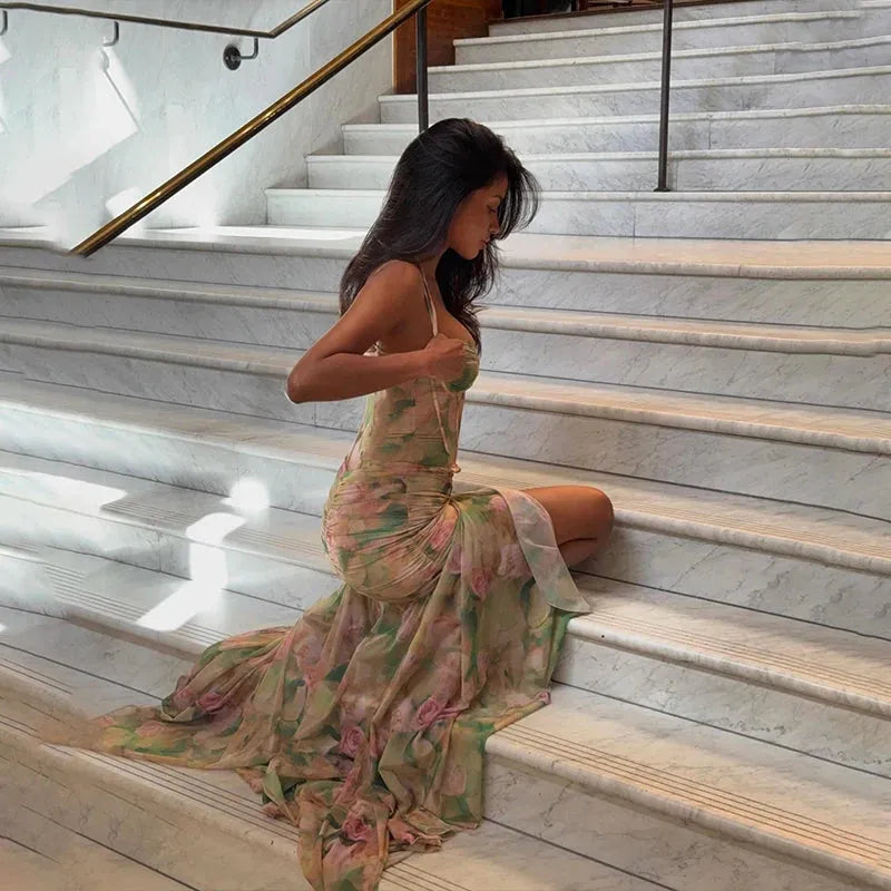 Floral Print Corset Halter Ruched High Slit Maxi Dress