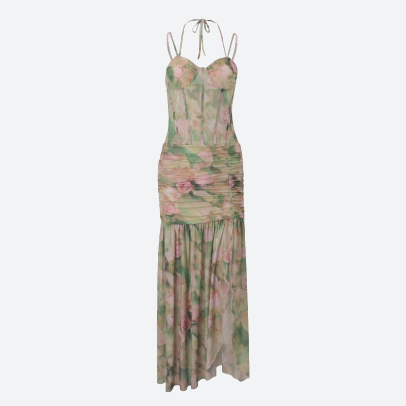 Floral Print Corset Halter Ruched High Slit Maxi Dress