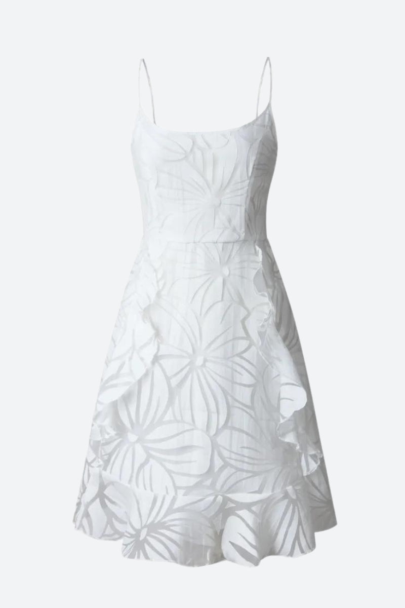 Floral Jacquard Spaghetti Strap Tiered Ruffle Fit and Flare Mini Dress