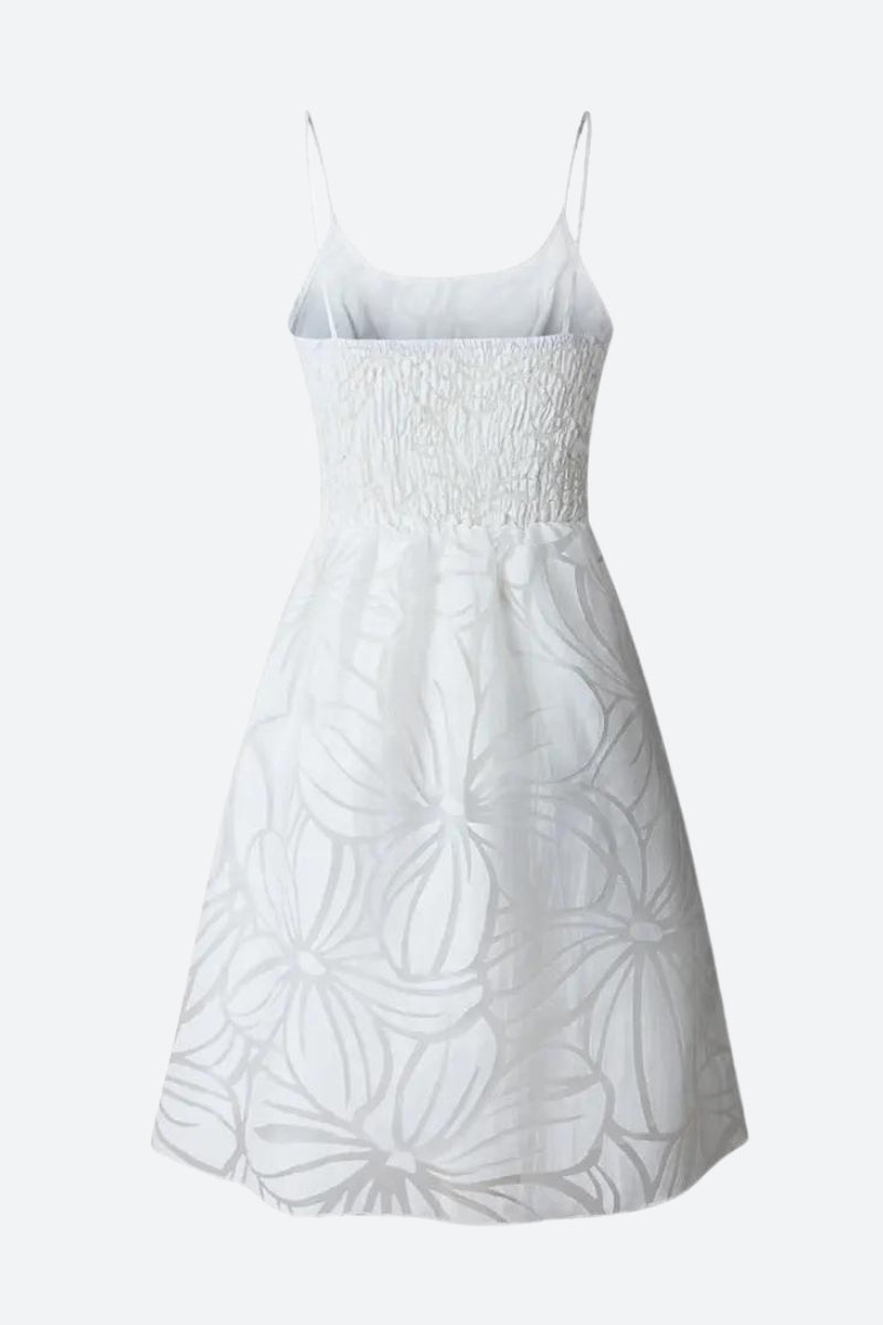 Floral Jacquard Spaghetti Strap Tiered Ruffle Fit and Flare Mini Dress