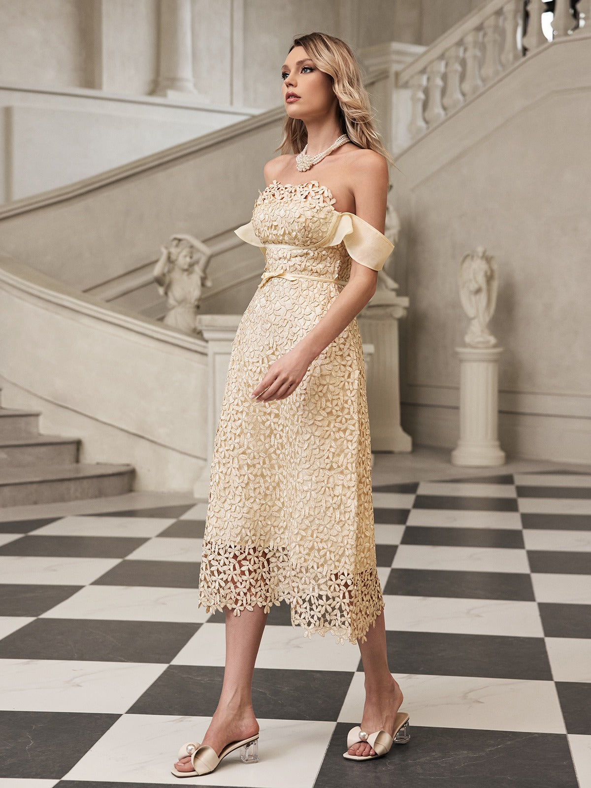 Off Shoulder Floral Lace Ruffle Sleeve Bow Belt Midi Dress