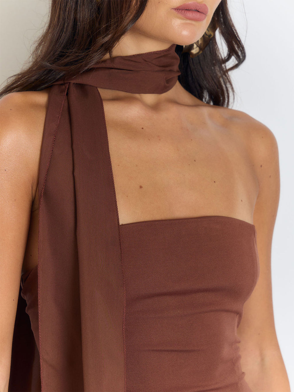 Strapless Ruched Neck Scarf Tie High Slit Column Maxi Dress