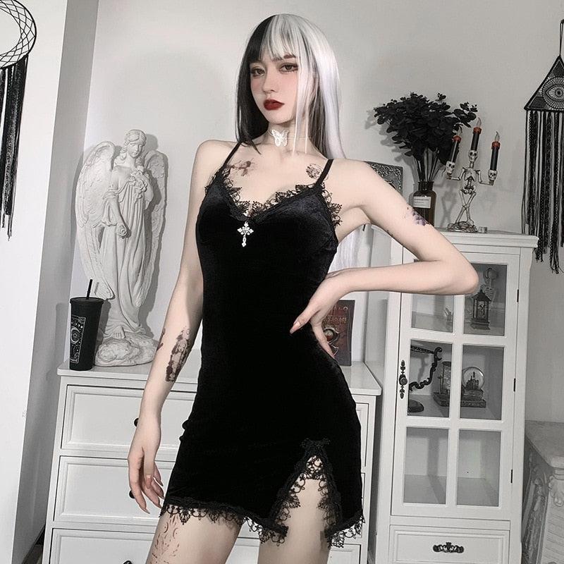 Velvet Deep V Neck Lace Trim Cross Charm High Slit Spaghetti Strap Mini Dress