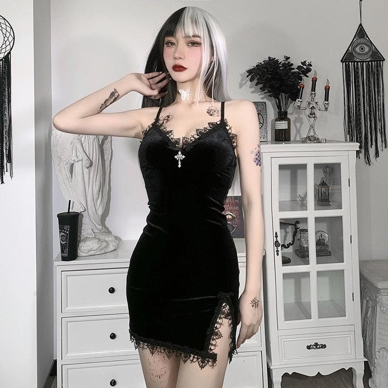 Velvet Deep V Neck Lace Trim Cross Charm High Slit Spaghetti Strap Mini Dress