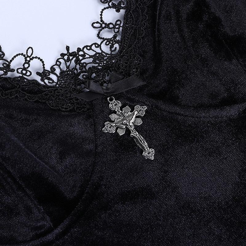 Velvet Deep V Neck Lace Trim Cross Charm High Slit Spaghetti Strap Mini Dress