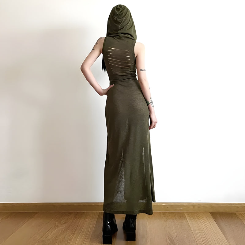 Hooded Sleeveless Belted Double Slit Bodycon Maxi Dress