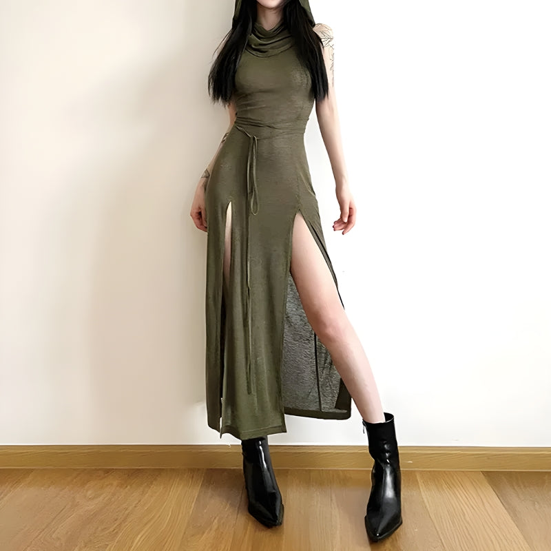 Hooded Sleeveless Belted Double Slit Bodycon Maxi Dress