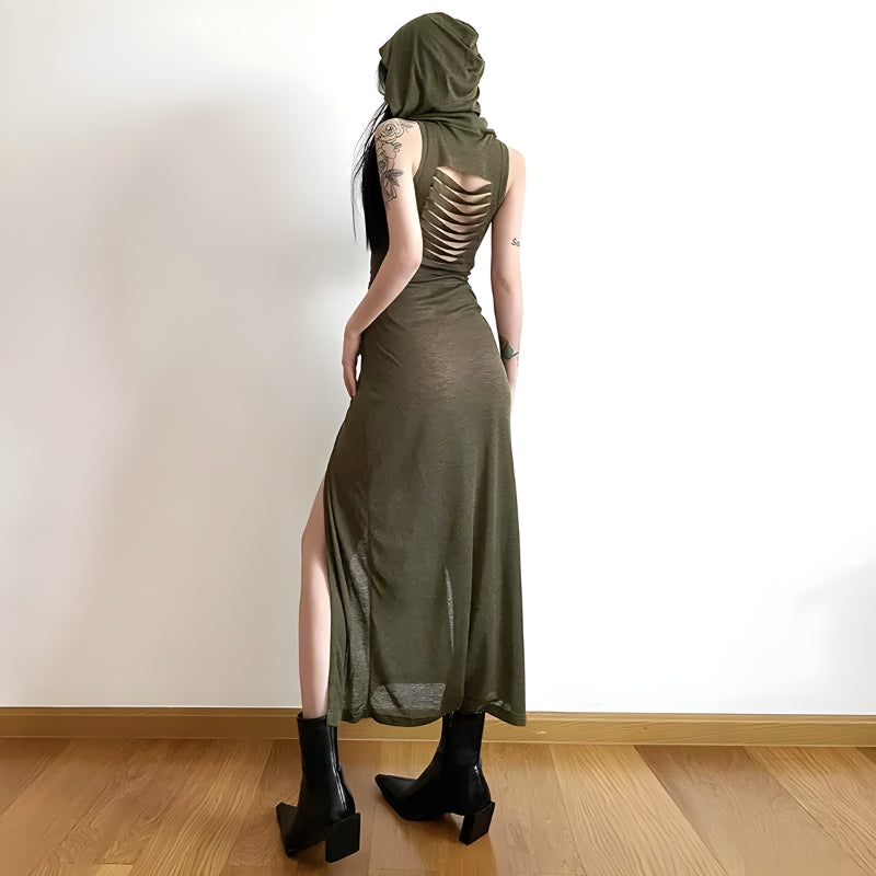 Hooded Sleeveless Belted Double Slit Bodycon Maxi Dress