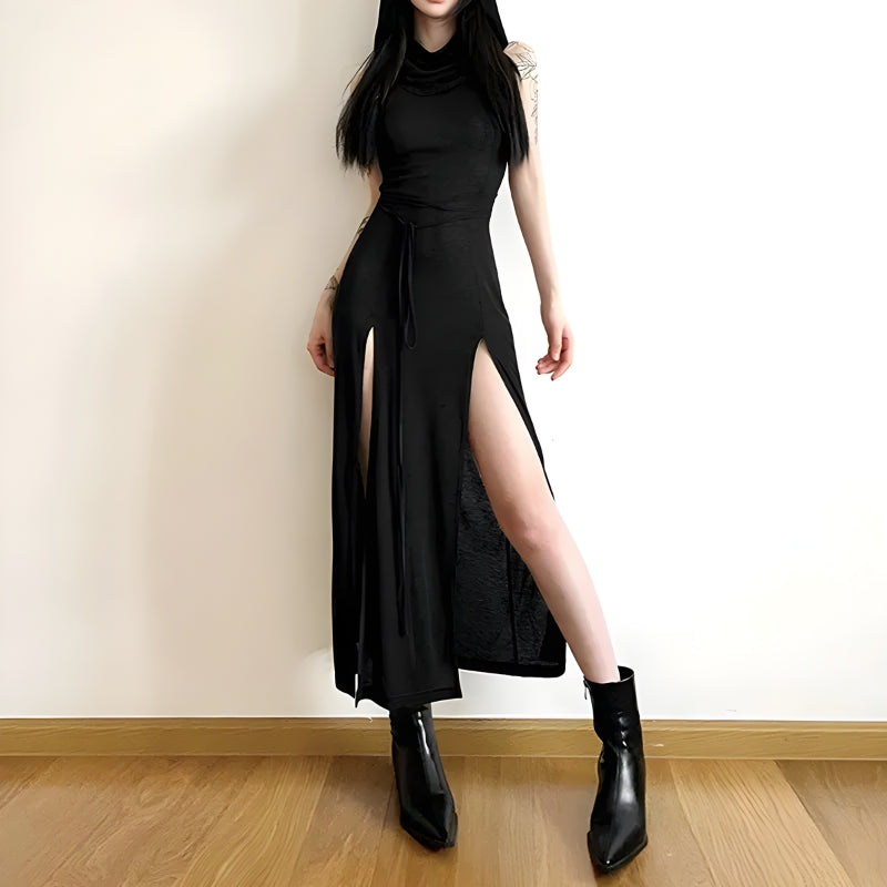 Hooded Sleeveless Belted Double Slit Bodycon Maxi Dress