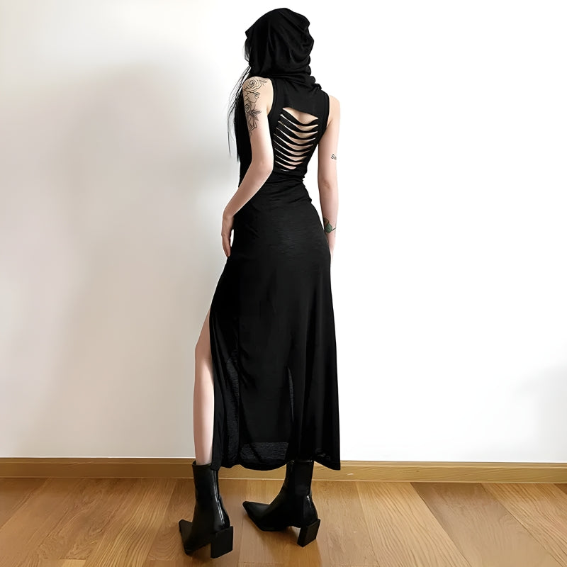 Hooded Sleeveless Belted Double Slit Bodycon Maxi Dress