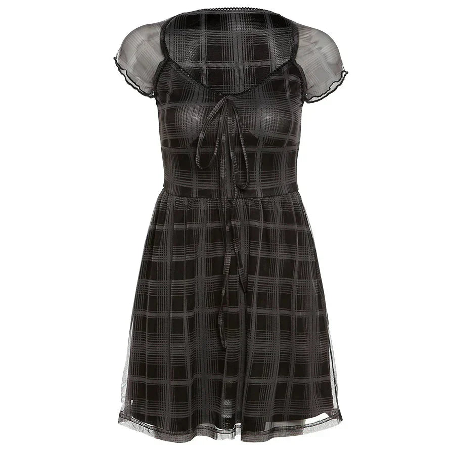 Plaid Lace Trim Mesh Cap Sleeve Babydoll Mini Dress