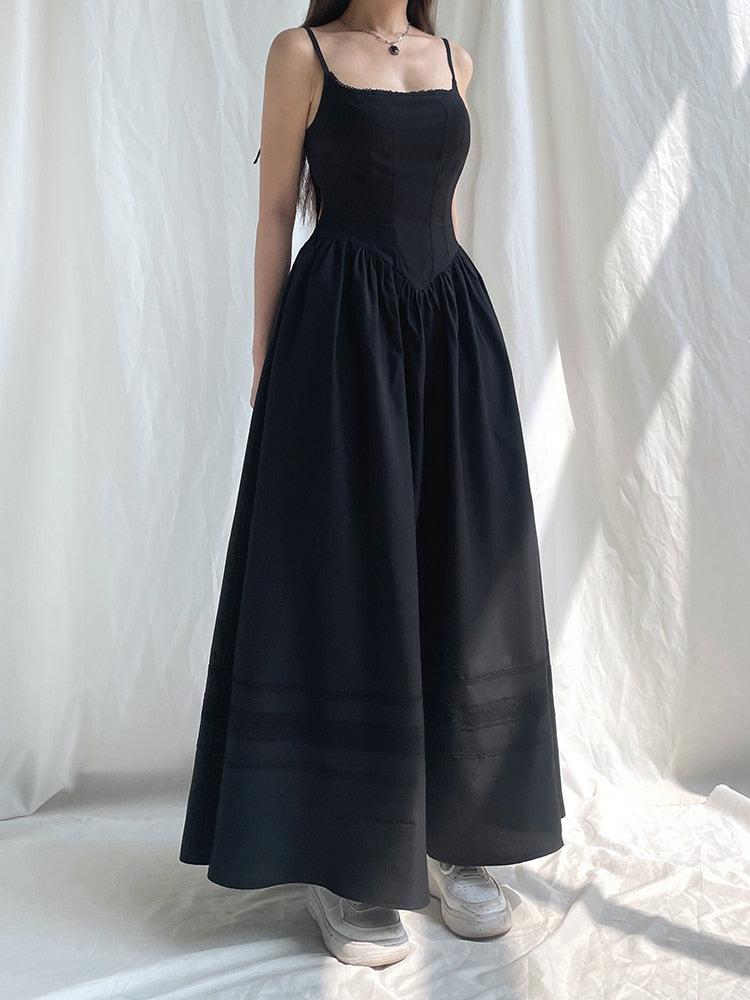 Lace Trim Spaghetti Strap Pointed Waist Tiered Maxi Dress